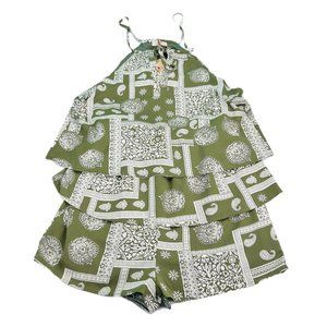 Entro Romper Womens Medium Sage Green White Shorts Elastic Waist Summer Tiered